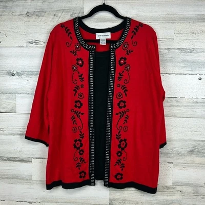 Suéter Vintage Cathy Daniels 1X Rojo Negro Lentejuelas Manga 3/4 Regencia Floral Foto 1 de 4