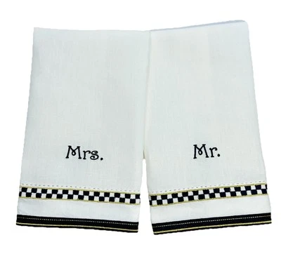 MacKenzie Childs MR MRS TOALLA DE INVITADO Set Negro Cheques Ducha Boda Regalo Retirado Foto 1 de 4