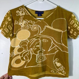 Damen blau Teller V-Ausschnitt T-Shirt Frau Mann geometrische Gesichter M gold weiß Viskose - Bild 1 von 6
