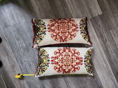 2 Pier 1  Accent Pillow Lumbar Ivory Embroidered Matelasse Medallion Cotton 24" - Image 1 of 4