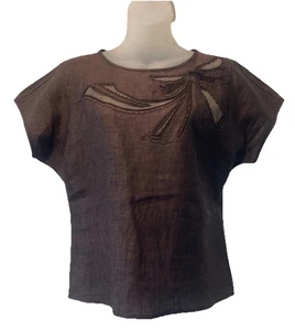 VTG Emanuel Ungaro Chocolate Brwn Linen Beaded Embroidered Mesh Bow Blouse~S~EUC - Picture 1 of 7