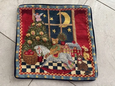 NEW Handmade Wool Needlepoint Throw Pillow Cover Rocking Horse Christmas 14" - Image 1 of 3