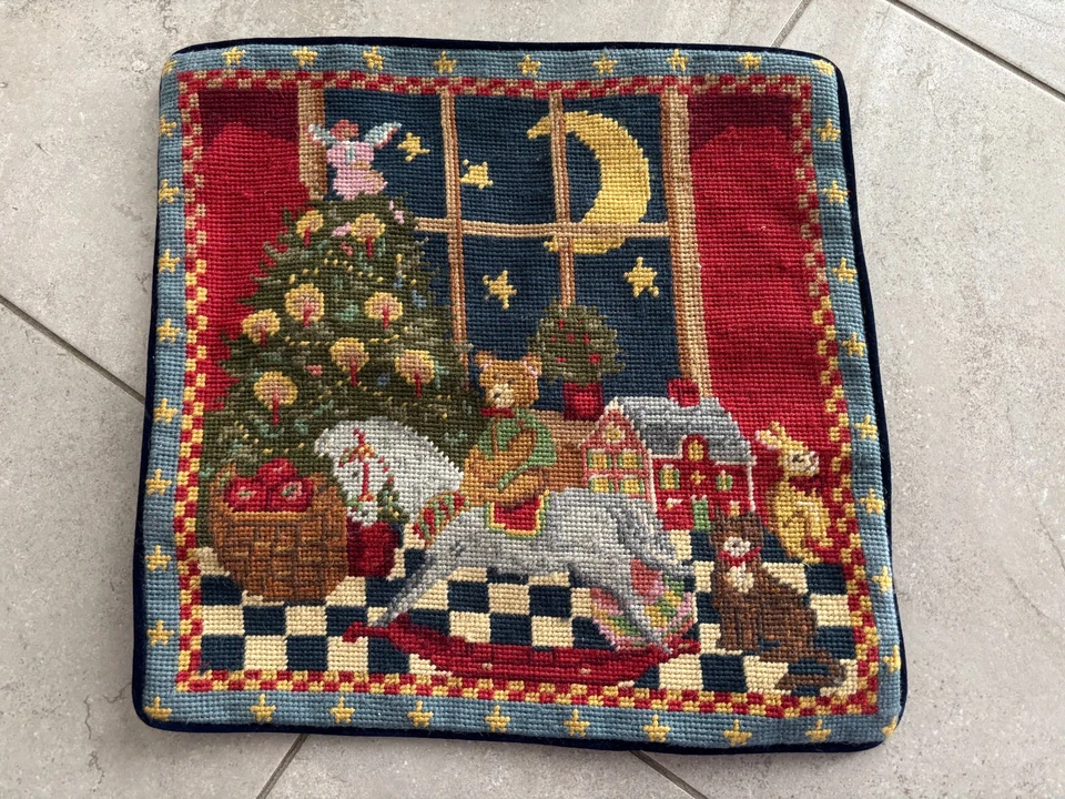 NEW Handmade Wool Needlepoint Throw Pillow Cover Rocking Horse Christmas 14" - Image 1 of 3