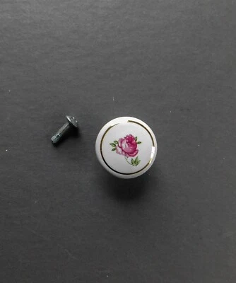 P1 Vintage Round Ceramic Porcelain Rose Flower Drawer Knob White 1 1/4" - Image 1 of 2