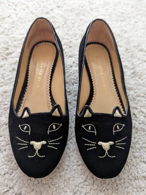 Charlotte Olympia Kitty Cat Velvet Velour Ballet Flats Shoes Slippers Loafers - Image 1 of 4