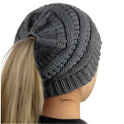 Women's Girls Ponytail Hat Winter Knitted Wool Beanie Cap Stretch Headwear Warm