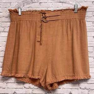 Umgee Womens 2XL Linen Blend Shorts Paperbag Double Buckle Waist Raw Hem NWT - Picture 1 of 7