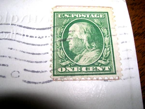 BEN FRANKLIN VINTAGE ONE CENT BRIEFMARKE ""EXTREM SELTEN"" - GEBRAUCHT. AUF POSTKARTE, 1900ER - Bild 1 von 11