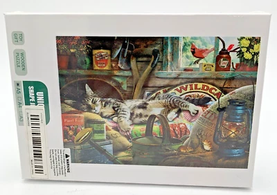 Wooden puzzle sleeping cat with cardinal 8"X5" - Image 1 of 4