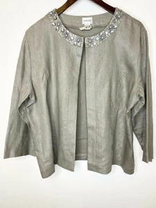 CHICO'S Metallic Pewter Silver 100% Linen Embellished Beaded Open Jacket 3 XL 16 - Picture 1 of 4