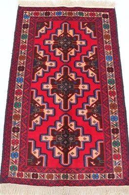 Alfombra geométrica antigua de 3x5 pies 90x140 cm roja beige anudada a mano alfombra suave para niños Foto 1 de 4