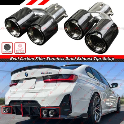 FOR 2019-2025 BMW G20 M340i 330i CARBON FIBER STAINLESS QUAD EXHAUST MUFFLER TIP - Image 1 of 4