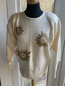 Damen Roberto Zefferelli Pullover Vintage Gold Perlen Wollmischung Größe 14/16 - Bild 1 von 7