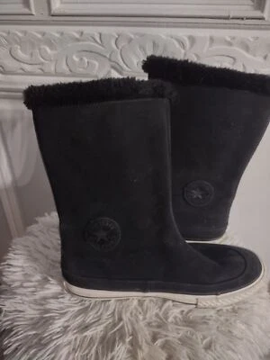 Converse Tall Boots Chuck Taylor Black Suede Leather Faux Fur Lined Junior Sz 4 - Image 1 of 4
