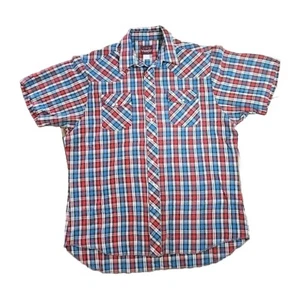 VTG WRANGLER Western Pearl Snap Shirt Mens XL Tall Red White Blue Short Sleeve - Picture 1 of 5