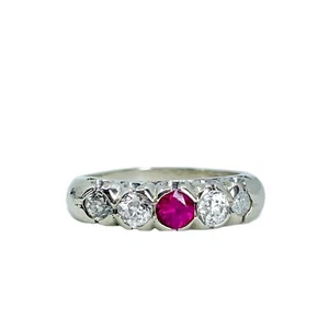 Anillo de banda antigua de cinco piedras mina euro diamante brillante rubí 14K blanco de colección - Imagen 1 de 5