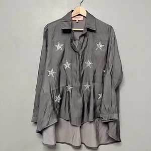 Scandal Italy High/Low Button Up Silver Blouse W/ Beaded Stars Size M/L - Picture 1 of 13