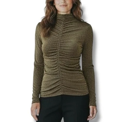 NUEVO CON ETIQUETAS Nicole Miller Talla XS Bronce Metálico Acanalado Cuello Simulado Top Fiesta Evento Foto 1 de 4