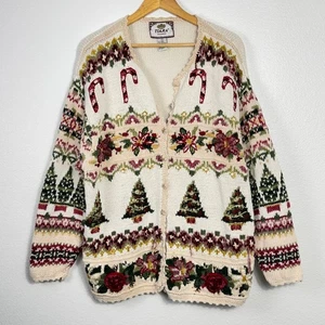 Tiara 90s Womens Cream Christmas Tree Embroidered Knit Novelty Sweater Size M - Picture 1 of 12