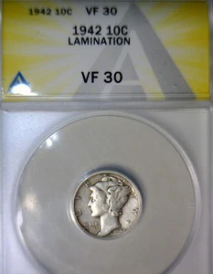 1942 ERROR ANACS VF30 LAMINATION SILVER Mercury Dime Coin NICE RIM 2 RIM Lam. Rv - Picture 1 of 12