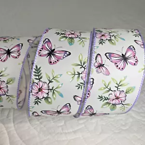 Nastro bordo filo floreale farfalle rosa e lavanda primavera estate 2,5"x10yds - Foto 1 di 4