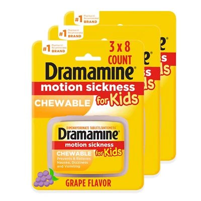 Жевательные таблетки Dramamine Kids для снятия укачивания со вкусом винограда 8 штук - Изображение 1 из 4