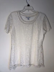 Isaac Mizrahi Live! Women's M Lace Lined Ivory Short Sleeve Top EC - Picture 1 of 10