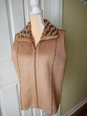 Relativity Faux Fur Lined Vest Faux Suede Large Zipper Embossed Tan - Image 1 of 4