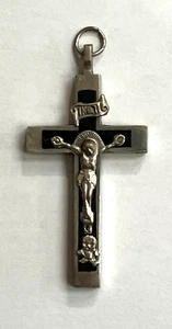 VINTAGE JESUS CROSS CRUCIFIX BLACK EBONY WOOD INLAY SILVERTONE PENDANT 2 1/4" - Picture 1 of 4
