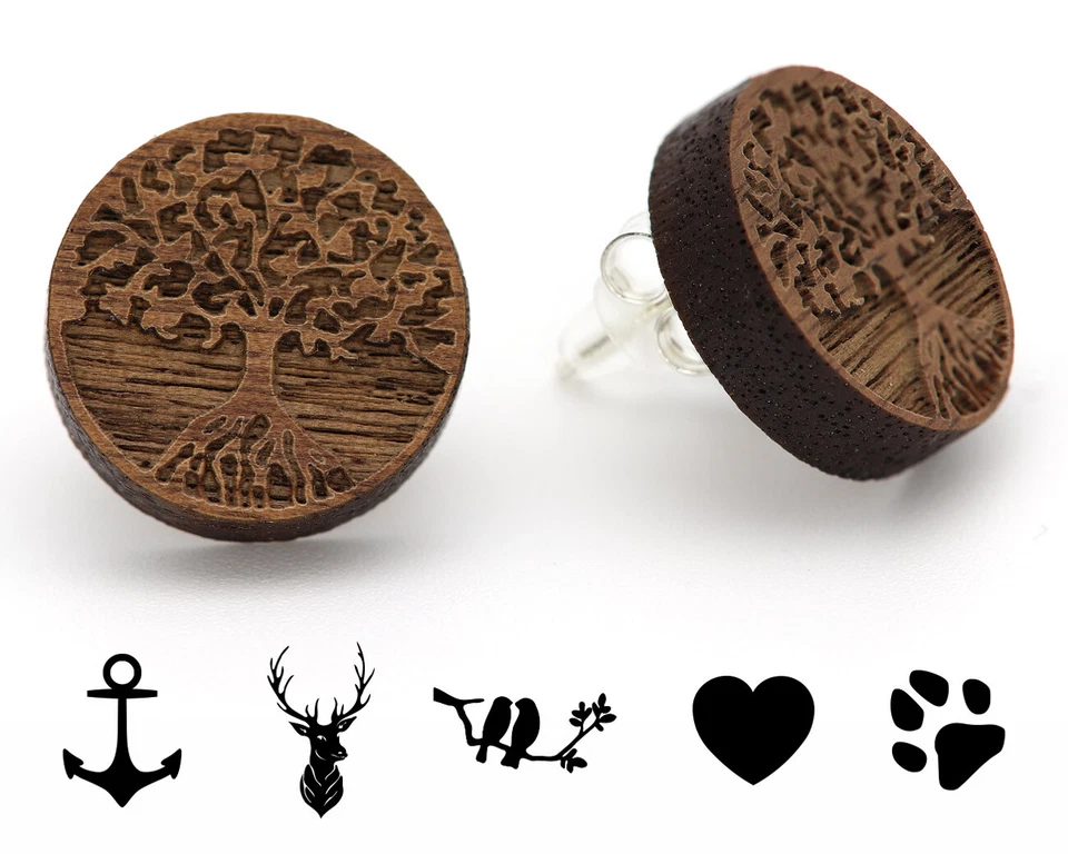 Holzohrringe Ohrstecker mit 3D Gravuren Holz Ohrring 925 Silber Holzschmuck - Bild 1 von 4