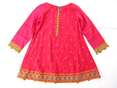 Maria B. Indian Pink Yellow Embroidered 3/4 Sleeve Tunic Smock Dress Girl 12-14 - Image 1 of 4