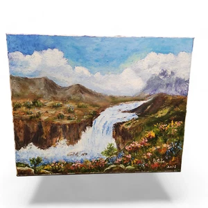 Pintura al óleo original sobre lienzo 20x16 pulgadas paisaje cascada firmado - Imagen 1 de 7