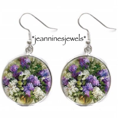 Pendientes colgantes lilas blancas moradas pintura bodegón victoriano impresión artística Foto 1 de 4