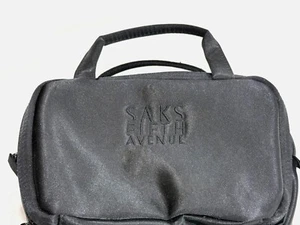 Saks Fifth Avenue Black Satin Travel Cosmetic Bag Gold Pattern Lining Two Zipper - Picture 1 of 9