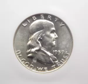 1959 "D" Franklin SILBER Half Dollar 50c NGC MS65 #009 BU Stempelglanz ECC&C Inc - Bild 1 von 5