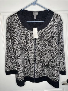 Chico's Women's Travelers Full Zip Jacket Sz 2/L Blk Animal Crinkle Lightweight - Picture 1 of 12