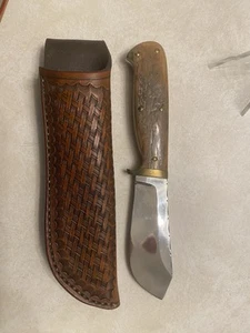 Lloyd Thompson knife with sheath. Fossil Mastodon handles, file back on blade. - Picture 1 of 3