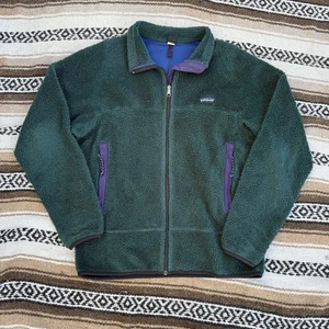 Men's Vintage 80's Patagonia Forest Green Deep Pile Fleece Retro-X Jacket Sz L - Picture 1 of 9