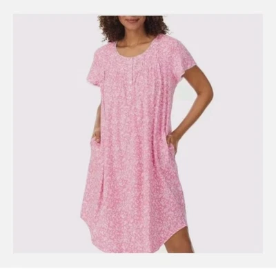 ARIA 100% Algodón Manga Corta Cuello Redondo Floral Camisón Bolsillo Rosa TALLA L 12/14 Foto 1 de 4