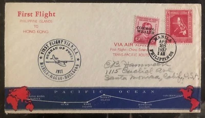1937 Manila Filipinas Primera cubierta de vuelo FFC a Santa Mónica EE. UU. vía Hong Kong Foto 1 de 2