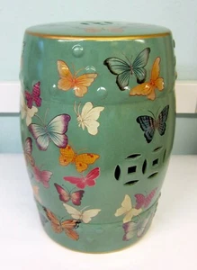 Oriental Chinese Turquoise Butterflies Porcelain Stool Table Mandarin Style - Picture 1 of 7