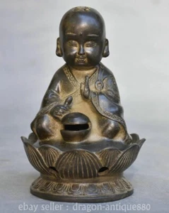 5.2" Antiguo Censario Quemador de Incienso Ahumado Niño Flor de Loto Chino Bronce Antiguo - Imagen 1 de 12