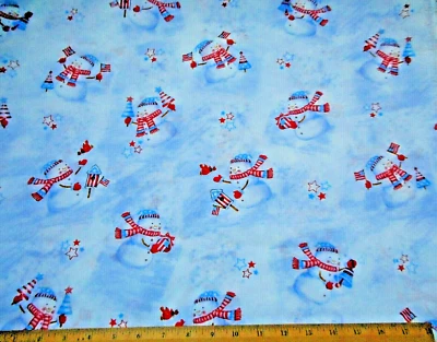 Christmas Fabric Half-Yard Patriotic Snowmen Star Flag Blue White Cotton #59 #C - Image 1 of 2