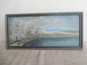 VINTAGE 1930er / 1940er ÖL AN BORD GEMÄLDE WASHINGTON MONUMENT KIRSCHBLÜTEN - Bild 1 von 9