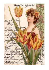 Jugendstil Illustrator. Porträt einer Frau in einer Blume. CPA 7852 - Bild 1 von 2