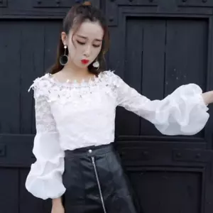 Women Floral Lace Mesh Shirt Top Puff Sleeve Blouse T-shirt Hollow Out Pullover - Picture 1 of 14