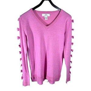 Magaschoni Womens Sz S Pink Sweater Cut Out Bows on Sleeve Vee Neck - Picture 1 of 7