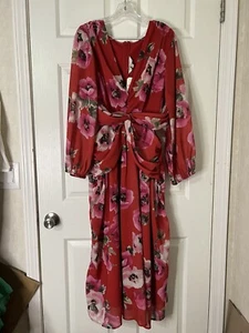Anthropologie || Ranna Gill Long Sleeve Cutout Midi Dress Floral Red Pink XL NWT - Picture 1 of 18