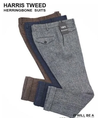 Pantalones cálidos Inglaterra para hombre invierno 80 % lana sueltos tweed espiga recta Foto 1 de 4