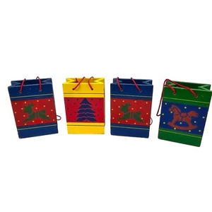 Christmas Ornament Shopping Gift Bags Wooden Hanging Set Primary Colors 80s VTG - Picture 1 of 10